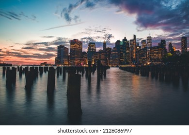 NYC Manhattan Skyline During Sunset At Dumbo