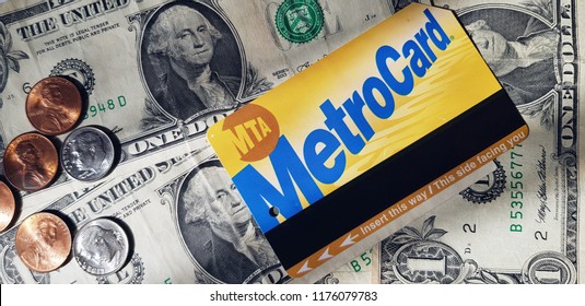 NYC Metrocard, Dollars - Banknotes And Coins Closeup