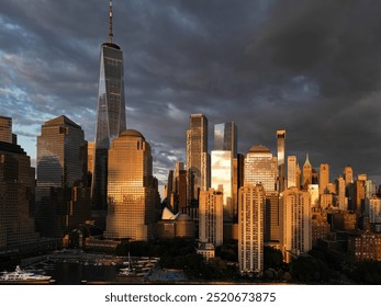 NYC, New York City Skyline with dramatic sky. American Urban Skyscrapers USA near dramatic clouds. New York City skyline, cityscape of Manhattan in New York. Panoramic view on Manhattan. USA. - Powered by Shutterstock