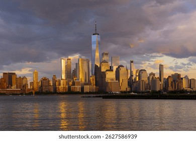 NYC, New York City Skyline with dramatic sky clouds. New York Skyscrapers. New York City skyline, cityscape of Manhattan in USA. Panoramic view on Manhattan. New York skyline. NYC, NY city. - Powered by Shutterstock - Get 15% off with code: PIKWIZARD15