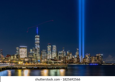 NYC, NY, USA, Sep 11 2020: Urban landscape near lower manhattan new york city night view skyline architecture building long exposure 911 new jersey hoboken waterfronts long exposure 