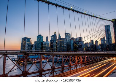 NYC Skyline At The Sunset With Car Light And Bridge
