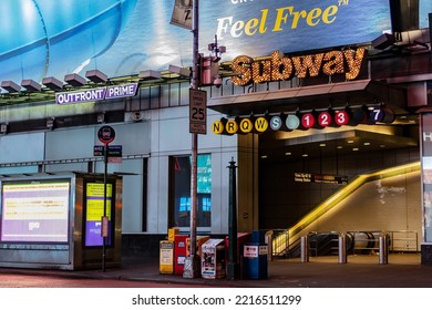 NYC, UNITED STATES - Mar 24, 2020: A View Of Time Square Subway Entrance During COVID Lock Down