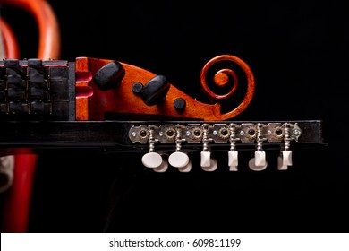 Nyckelharpa's Scroll, Headstock And Pegbox Details, Concept Of Folk, Baroque And Classical Music Played With Handcrafted Ancient String Musical Instruments