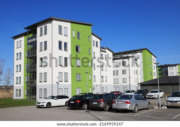 Nykoping, Sweden - April 18, 2021: Modern 2020s\
multi-family five floors apartment residential buildings located at\
the strandparksgatan\
street.