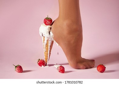 Nylons, stay-up, tights, hosiery, hose, pantyhose socks summer collection on pink background as a heel creative dessert ice cream with berry strawberry.