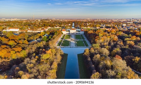 Nymphenburg Castle And Garden Aerial View In Autumn In The City Of Munich