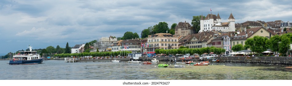 Nyon, Switzerland - July 10th 2021: View of the waterfront of the city at Lac Leman