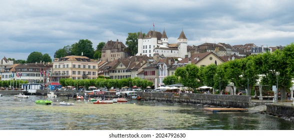 Nyon, Switzerland - July 10th 2021: View of the waterfront of the city at Lac Leman