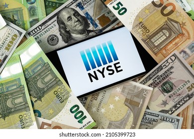 NYSE (New York Stock Exchange) editorial. Illustrative photo for news about NYSE (New York Stock Exchange) - an American stock exchange based in New York City. Novosibirsk,Russia - November, 2 - 2021