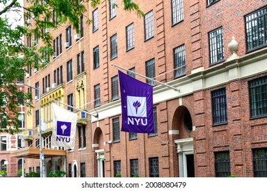NYU banner on campus building of New York University. - Manhattan, New York, USA - 2021