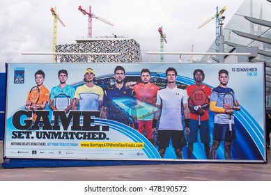 O2 Arena, London, UK - 28 August 2016: Giant Billboard Promoting The Barclays ATP World Tour Finals 2016 Which Will Be Held In London 13-20 November 2016.