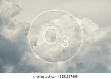 O3 ozone hole eco problem sign highlighted high up in the dark cloudy sky. Ecology conceptual designs and icons