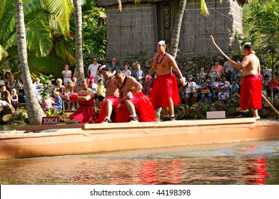 OAHU, HAWAII - DECEMBER 24: Polynesian Cultural Center. Students From Brigham Young University-Hawaii Perform Traditional Tonga Dance On A Canoe On Christmas Eve, December 24, 2008.