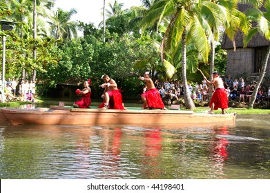 OAHU, HAWAII - DECEMBER 24: Polynesian Cultural Center. Students From Brigham Young University-Hawaii Perform Traditional Tonga Dance On A Canoe On Christmas Eve, December 24, 2008.