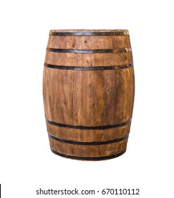 Oak Barrel Brown With Metal Hoops On A White Isolated Background