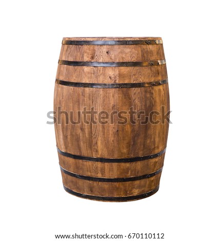 Oak barrel brown with metal hoops on a white isolated background