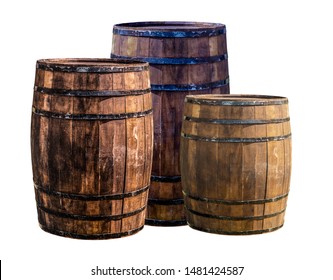 Oak Barrel, Three Dark Brown Wooden Wine Storage Containers At The Winery