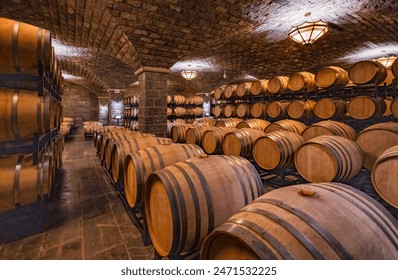 Oak barrels in the cellar of the winery