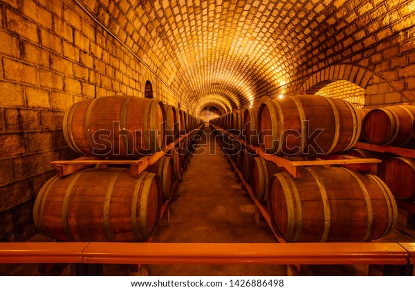 Oak barrels in wine cellars, Changli County, Hebei\
Province, China