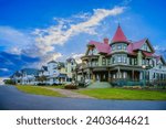 Oak Bluffs skyline at sunrise with landmark houses and dramatic winter cloudscape over the Ocean Park on Martha
