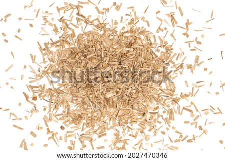 Oak chips sawdust isolated white background. small wood chips for smoking. sawdust texture . ecological fuel