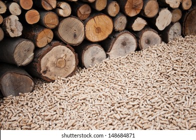 Oak pellets in front wooden wall