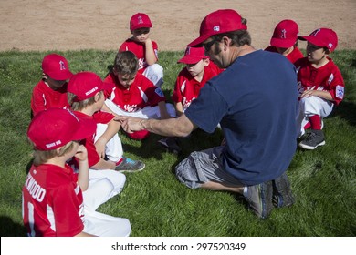 Oak View, California, USA, March 7, 2015, Ojai Valley Little League Field, Youth Baseball, Spring, Coach Teaches Tee-Ball Division Players