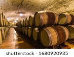 Oak wine barrels for wine fermentation at a winery