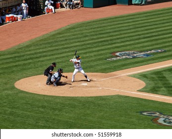 OAKLAND, CA - APRIL 09: Kurt Suzuki, Oakland Athletics Awaits Pitch During An At-bat  April 9, 2010 In Oakland Coliseum California