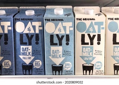 Oakland, CA - August 6, 2021: Grocery Store Shelf With Cartons Of Oat-Ly Brand Oat Milk.