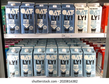 Oakland, CA - August 6, 2021: Grocery Store Shelf With Cartons Of Oat-Ly Brand Oat Milk.