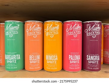 Oakland, CA - July 1, 2022: Grocery Store Shelf With Personal Sized Cans Of Miami Cocktail Co Alcoholic Beverages. Margarita, Bellina, Mimosa, Paloma And Sangria.