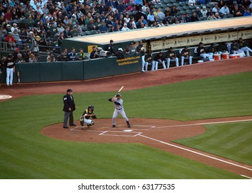 OAKLAND, CA - JULY 7: Yankees 6 Vs A's 2: Yankees Jorge Posada Stands In The Batters Box With Kurt Suzuki Catching Taken July 7 2010 At The Coliseum In Oakland California