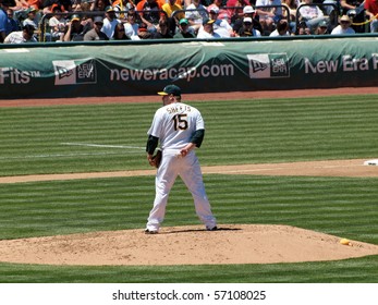 OAKLAND, CA - MAY 23: San Francisco Giants Vs. Oakland Athletics: Athletics Ben Sheets Holds Baseball As He Looks At The Catcher For A Signal.  Taken May 23 2010 At The Coliseum Oakland California.