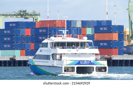 Oakland, CA - May 9, 2022: San Francisco Bay Ferry BAY BREEZE Passing The Port Of Oakland