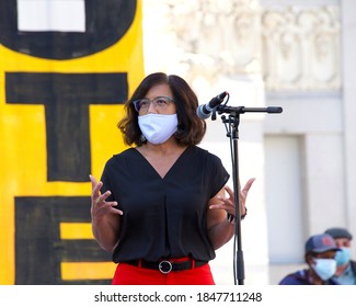 Oakland, CA - Nov 4, 2020: Oakland City Council Member Nikki Fortunado Bas Speaking At The DEFEND THE VOTE Rally At Oscar Grant Plaza.