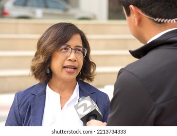 Oakland, CA - Oct 8, 2022: Oakalnd City Council President Nikki Fortunado Bas Speaing With Channel 2 Reporter After Press Conf  Promoting Love Life Motto
