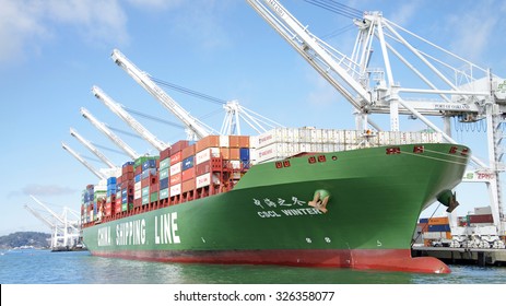 OAKLAND, CA - OCTOBER 10, 2015: China Shipping Lines Cargo Ship CSCL WINTER docked at the Port of Oakland. The Port of Oakland is the fifth busiest container port in the United States.