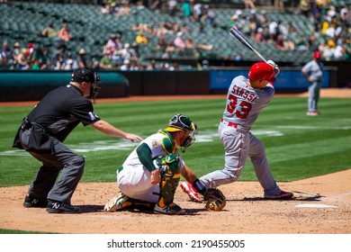 Oakland, California - August 10, 2022: Los Angeles Angels Catcher Max Stassi Bats Against The Oakland Athletics At The Oakland Coliseum.