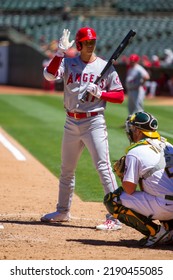 Oakland, California - August 10, 2022: Los Angeles Angels DH Shohei Ohtani Bats Against The Oakland Athletics At The Oakland Coliseum.