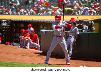 Oakland, California - August 10, 2022: Los Angeles Angels DH Shohei Ohtani Stands On Deck During A Game Against The Oakland Athletics At The Oakland Coliseum.