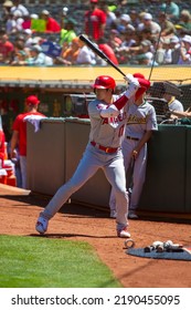 Oakland, California - August 10, 2022: Los Angeles Angels DH Shohei Ohtani Stands On Deck During A Game Against The Oakland Athletics At The Oakland Coliseum.