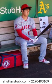 Oakland, California - August 10, 2022: Los Angeles Angels DH Shohei Ohtani In The Dugout Before A Game Against The Oakland Athletics At The Oakland Coliseum.