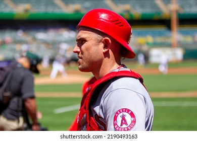 Oakland, California - August 10, 2022: Los Angeles Angels Catcher Max Stassi Before The Game Against The Oakland Athletics At The Oakland Coliseum.