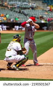 Oakland, California - August 10, 2022: Los Angeles Angels Catcher Max Stassi Bats Against The Oakland Athletics At The Oakland Coliseum.