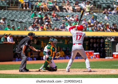 Oakland, California - August 10, 2022: Los Angeles Angels DH Shohei Ohtani Bats Against The Oakland Athletics At The Oakland Coliseum.