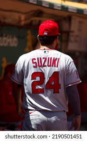 Oakland, California - August 10, 2022: Los Angeles Angels Catcher Kurt Suzuki Walks In The Dugout During A Game Against The Oakland Athletics At The Oakland Coliseum.