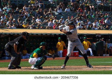 Oakland, California - August 28, 2021: Aaron Judge #99 Of The New York Yankees Hits A 9th Inning Home Run Against The Oakland Athletics At Ring Central Coliseum.