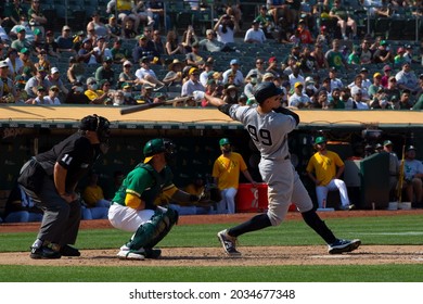 Oakland, California - August 28, 2021: Aaron Judge #99 Of The New York Yankees Hits A 9th Inning Home Run Against The Oakland Athletics At Ring Central Coliseum.